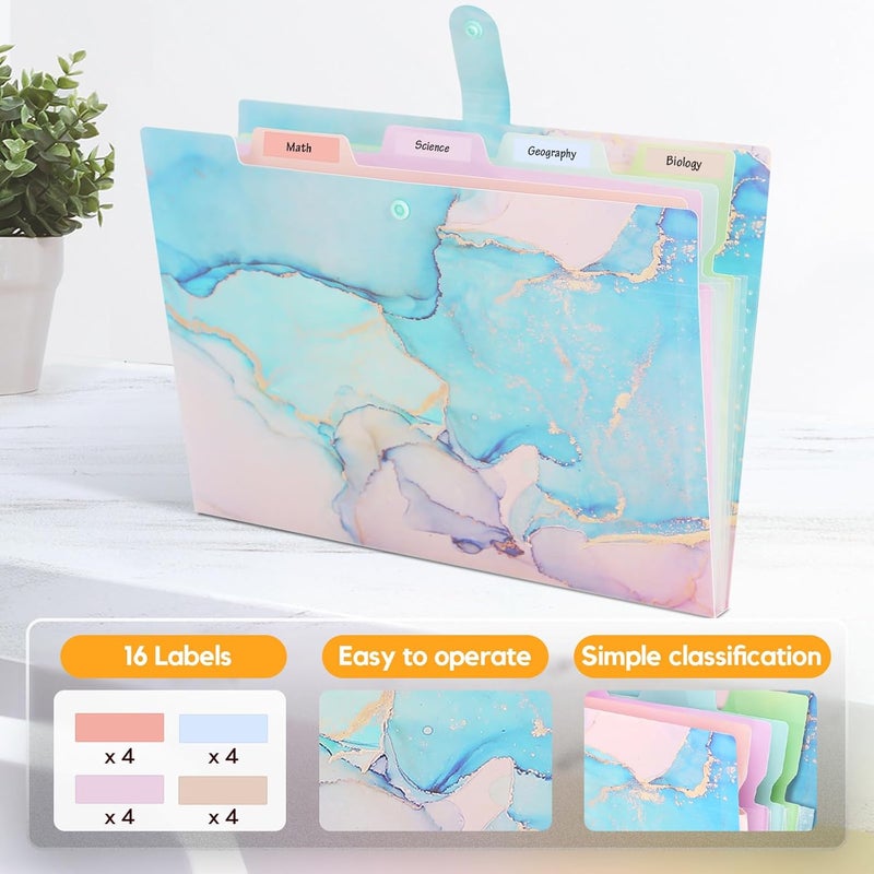 Rihan Expanding File Folder, Aesthetic Folders for School, Accordion File Organizer, Aesthetic Folder with Labels,5 Pockets Important Document Folders for School Office Home(Cyan Gold) - Image 2